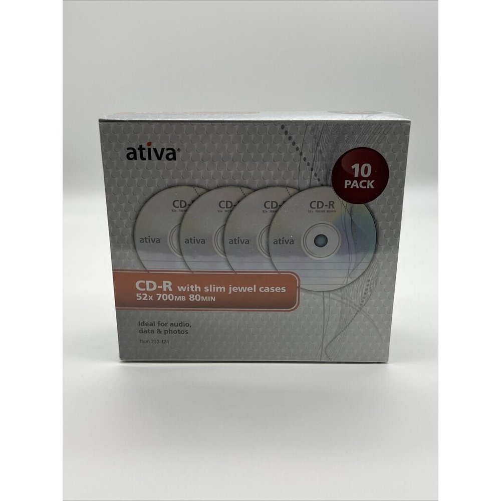 Ativa 10 Pack CD-R w/slim Jewel Cases 52x 700MB 80min NIB Audio,Data & Photos